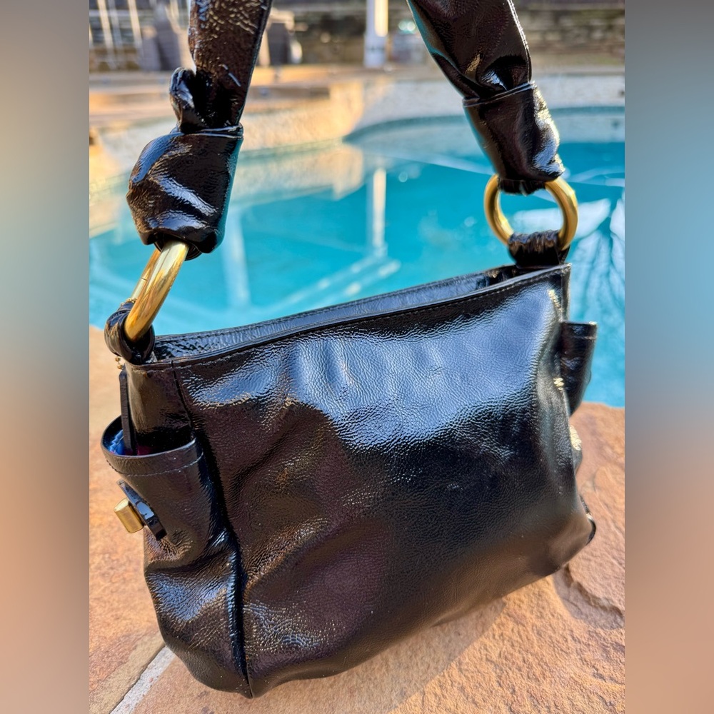 🔥COACH Black Patent Leather Bag, Gold Hardware, Knotted Straps 😍